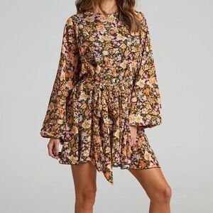 Showpo Henny Mini Dress Floral Balloon Sleeve Tie Waist Godet Orange Black 8